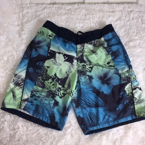 Speedo Swim Trunks Sz L Tropical Blue Hawaiian Surf Shorts Board Shorts - Picture 1 of 12